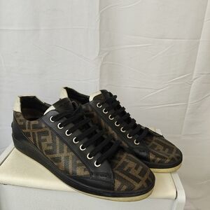 FENDI Low Top Sneakers In Brown Black Logo Coated Canvas Leather Size 7 Men's